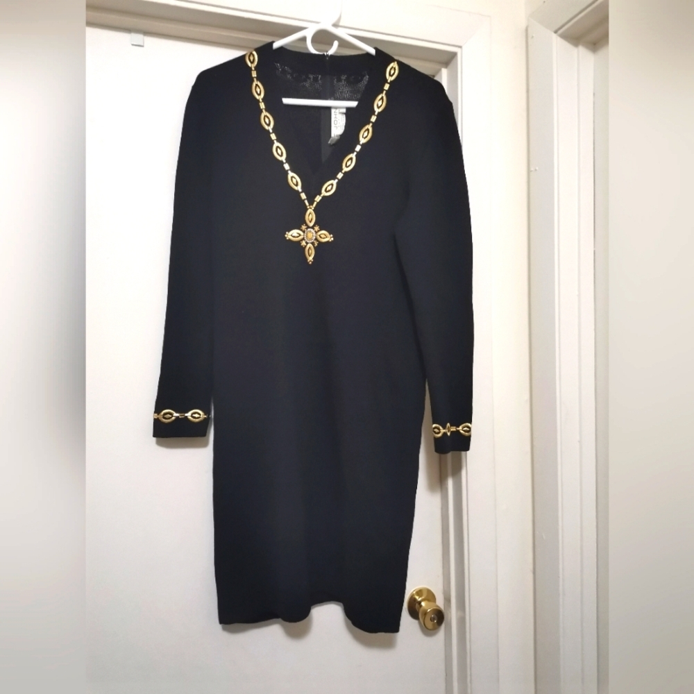 St.John Collection Vintage Embellished Black and Gold Dress